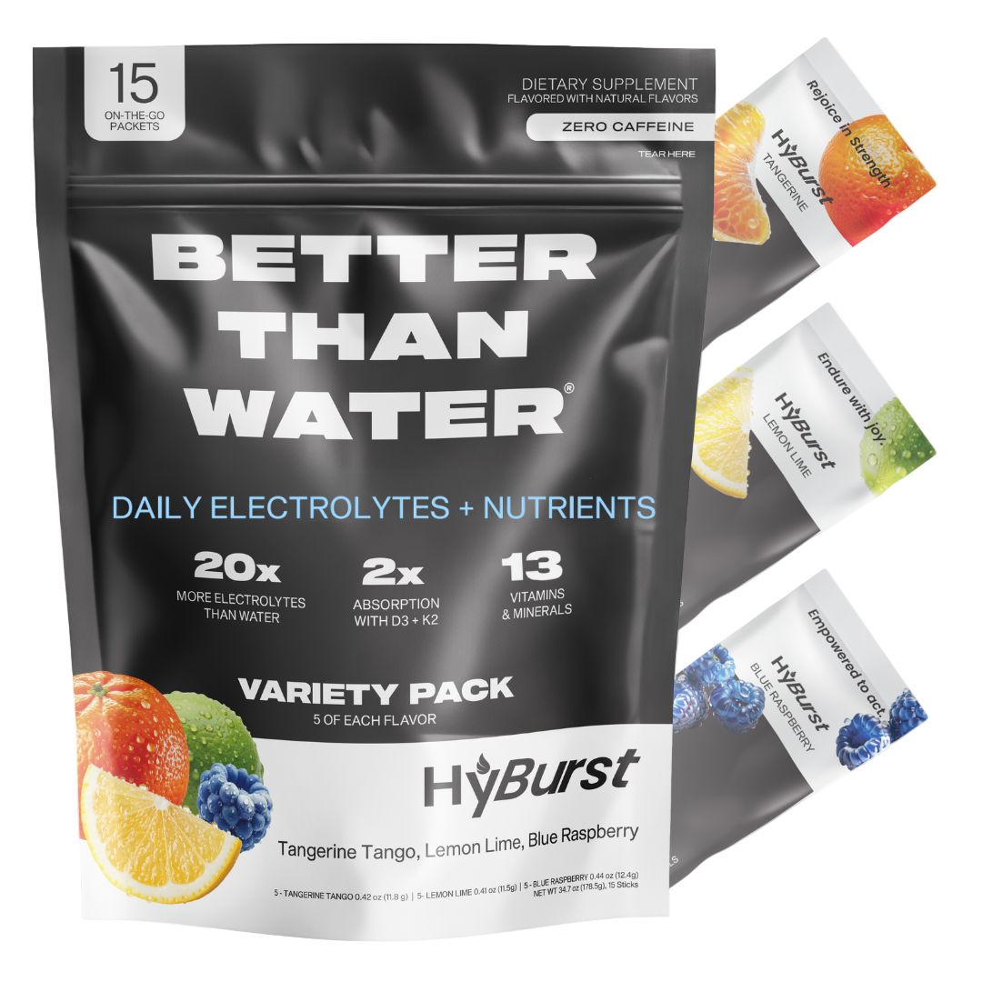Hy Burst Better Than Water electrolyte supplement package with variety pack flavor cards.
