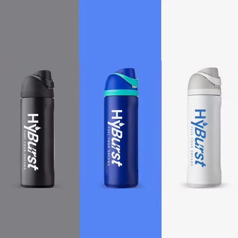 Three insulated stainless-steel water bottles in different colors: black, blue, and white, each with the HyBurst brand logo.