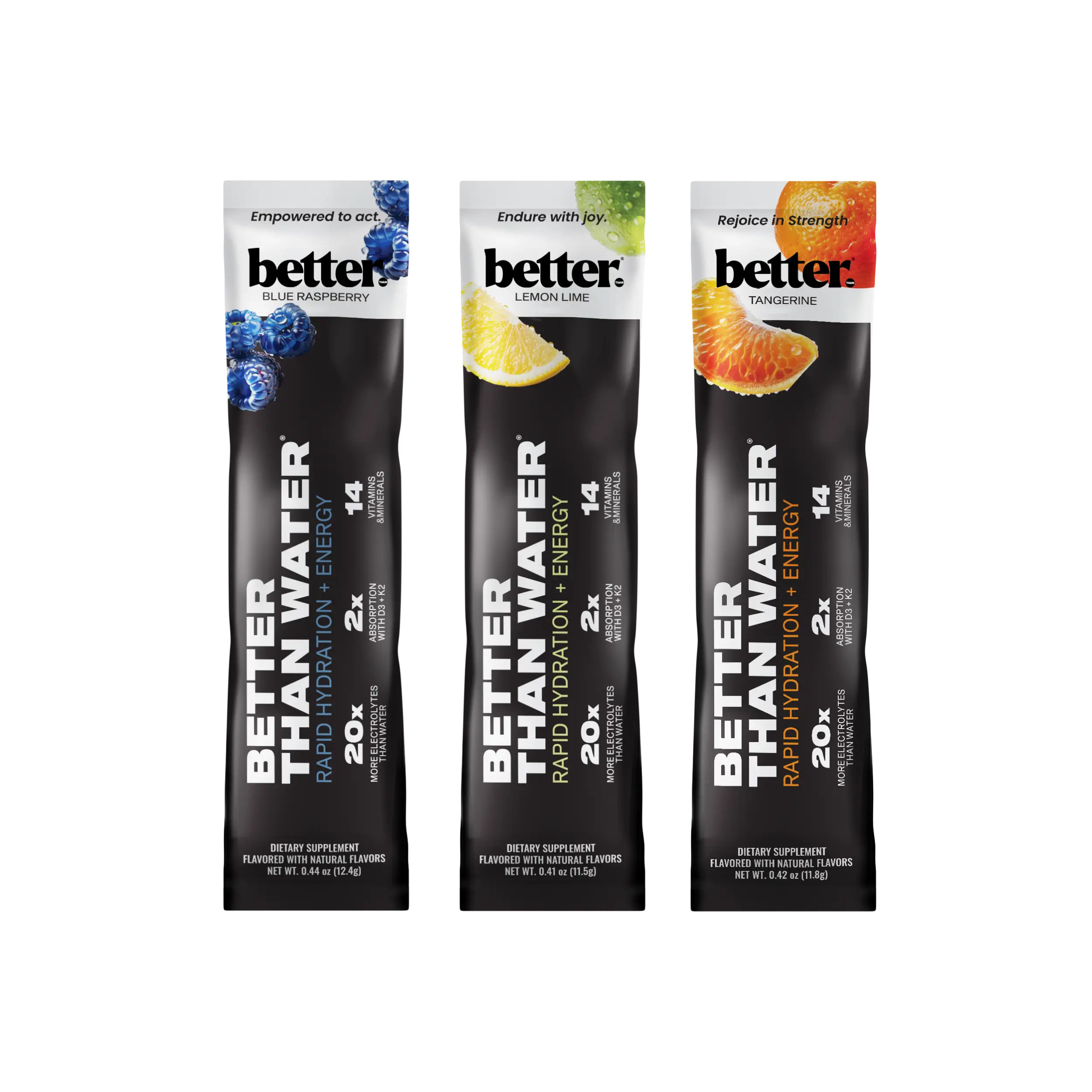 3 Better Than Water hydration stick packs in blue raspberry, lemon lime, and tangerine tango