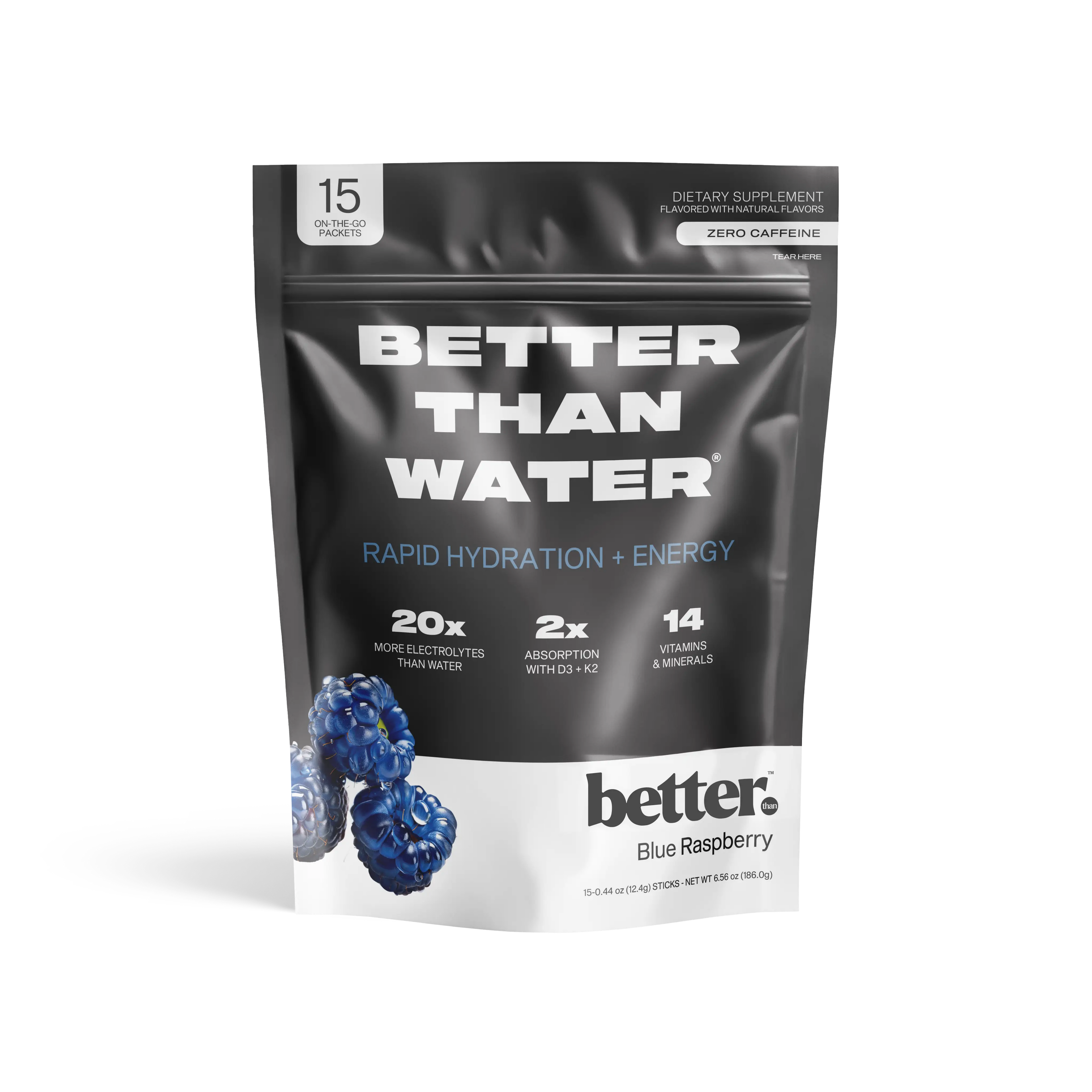 Black package of 'Better Than Water' with blue raspberry flavor