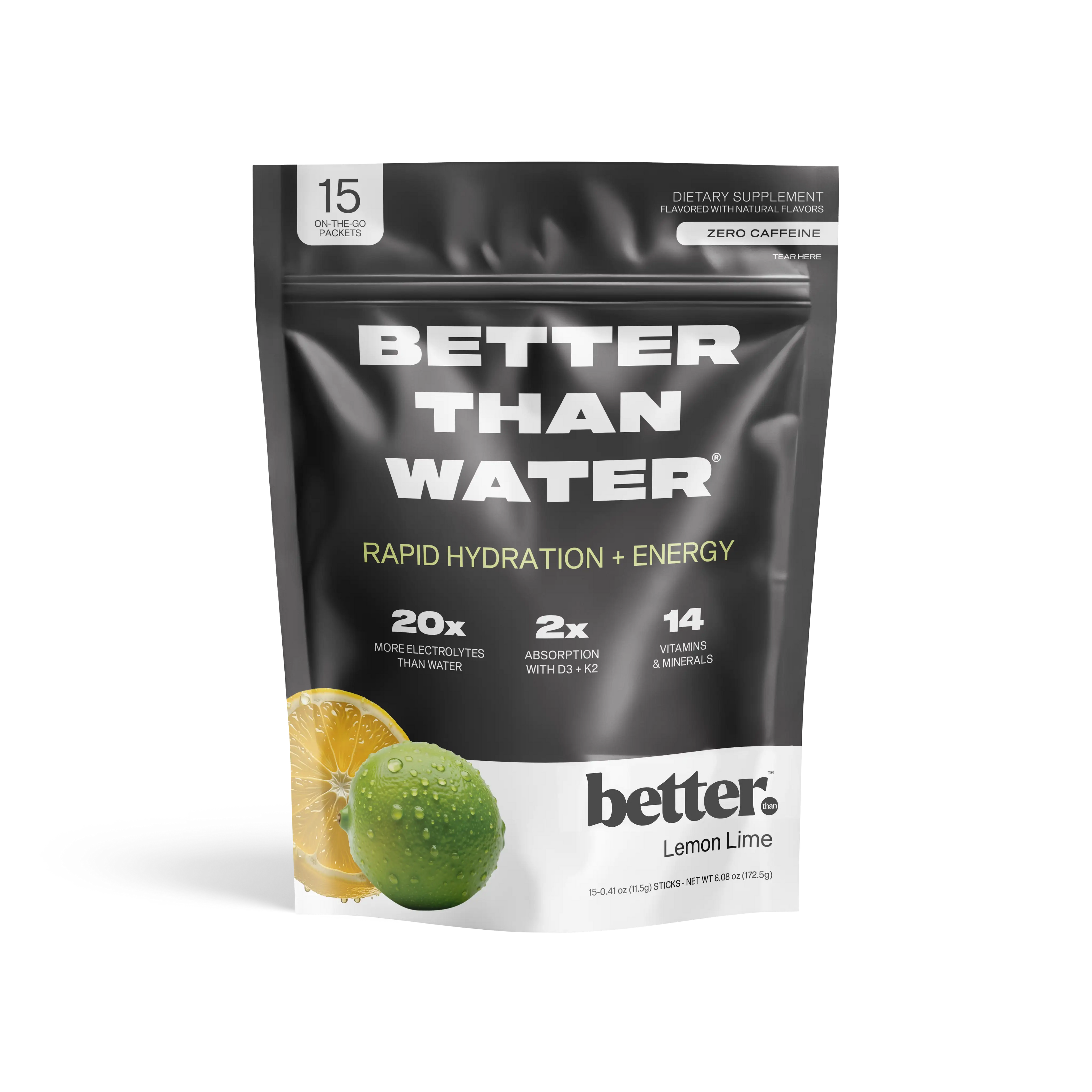 Packaging of 'Better Than Water' rapid hydration and energy supplement with lemon lime flavor