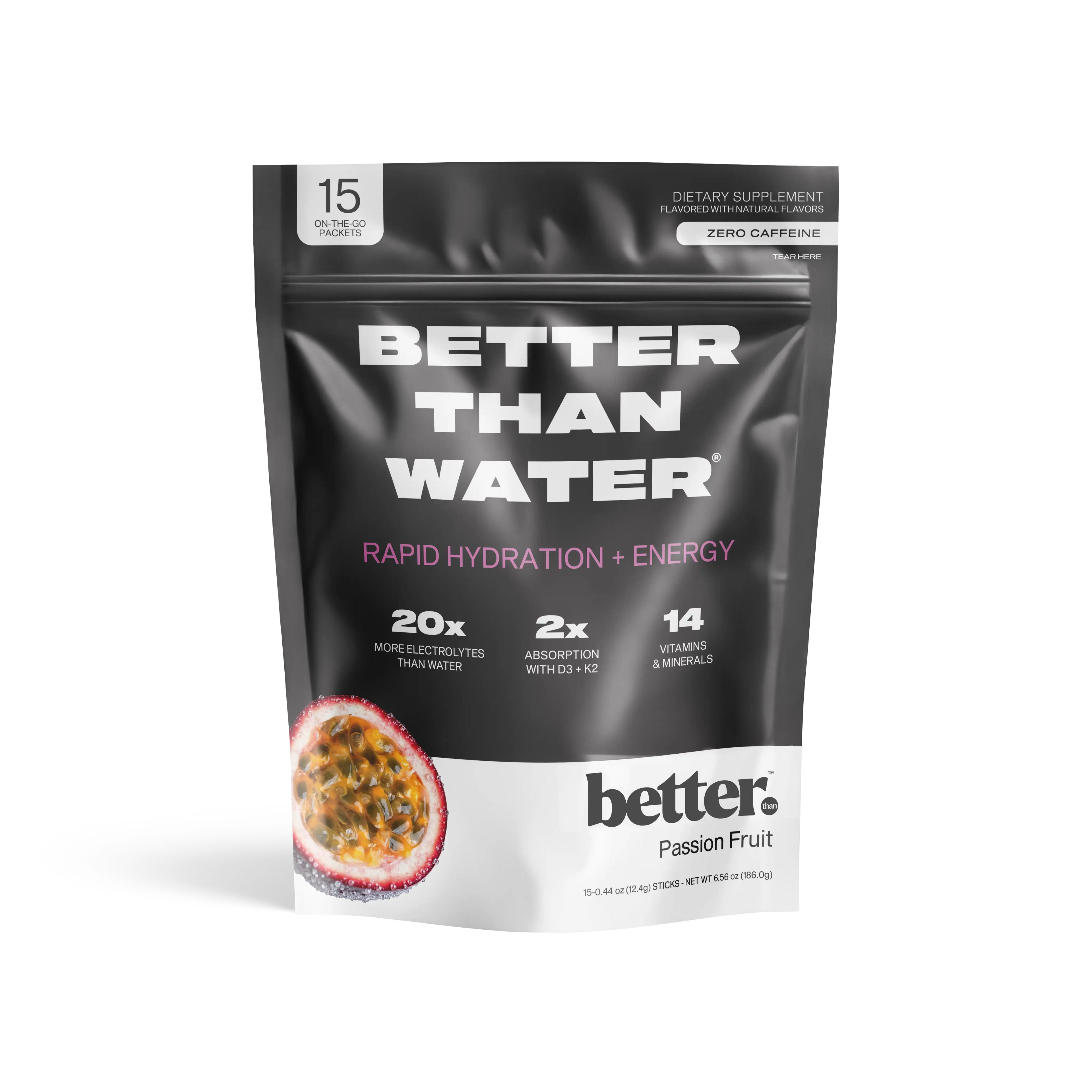 Black package of 'Better Than Water' with passion fruit flavor 
