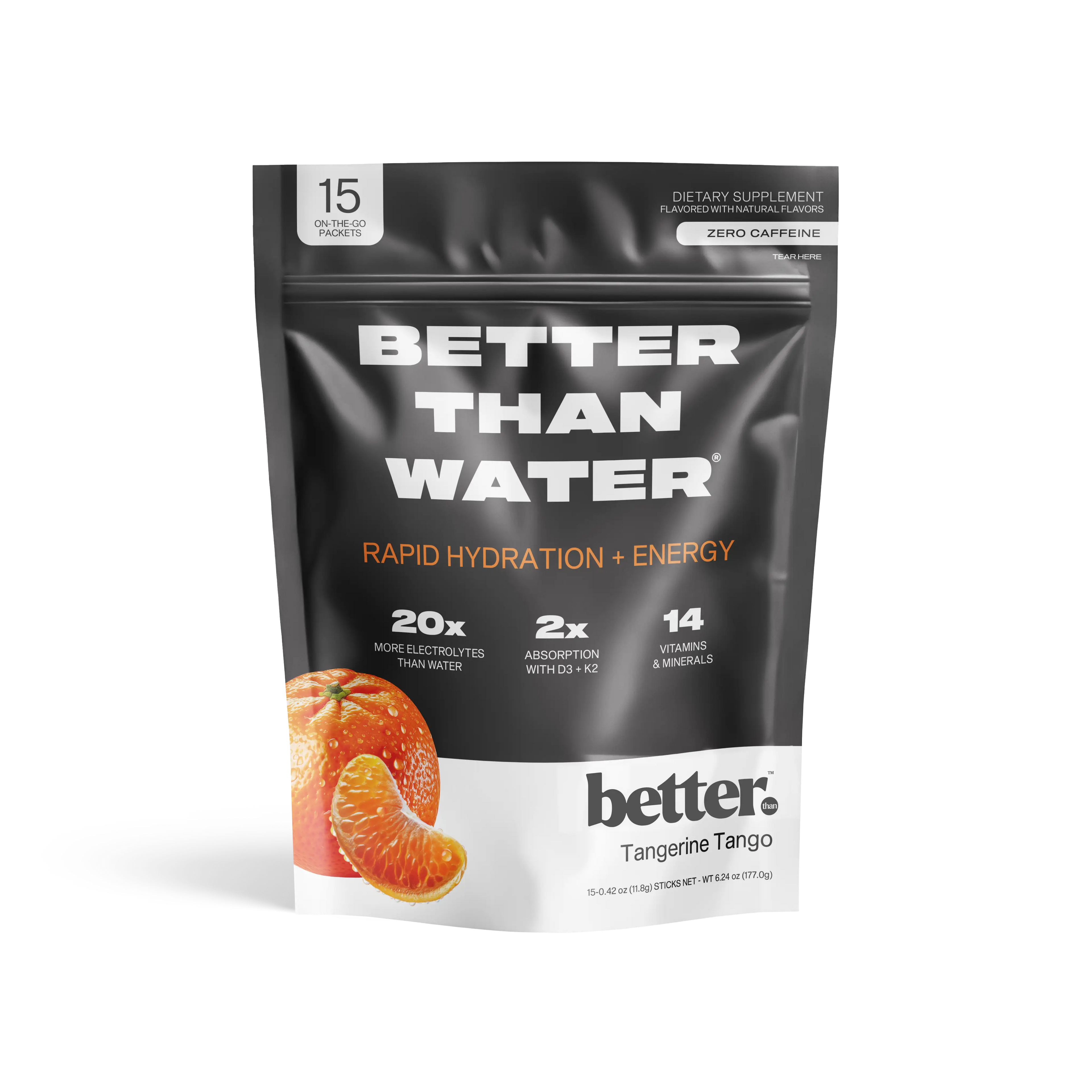 Packaging of 'Better Than Water' rapid hydration and energy supplement with tangerine flavor 