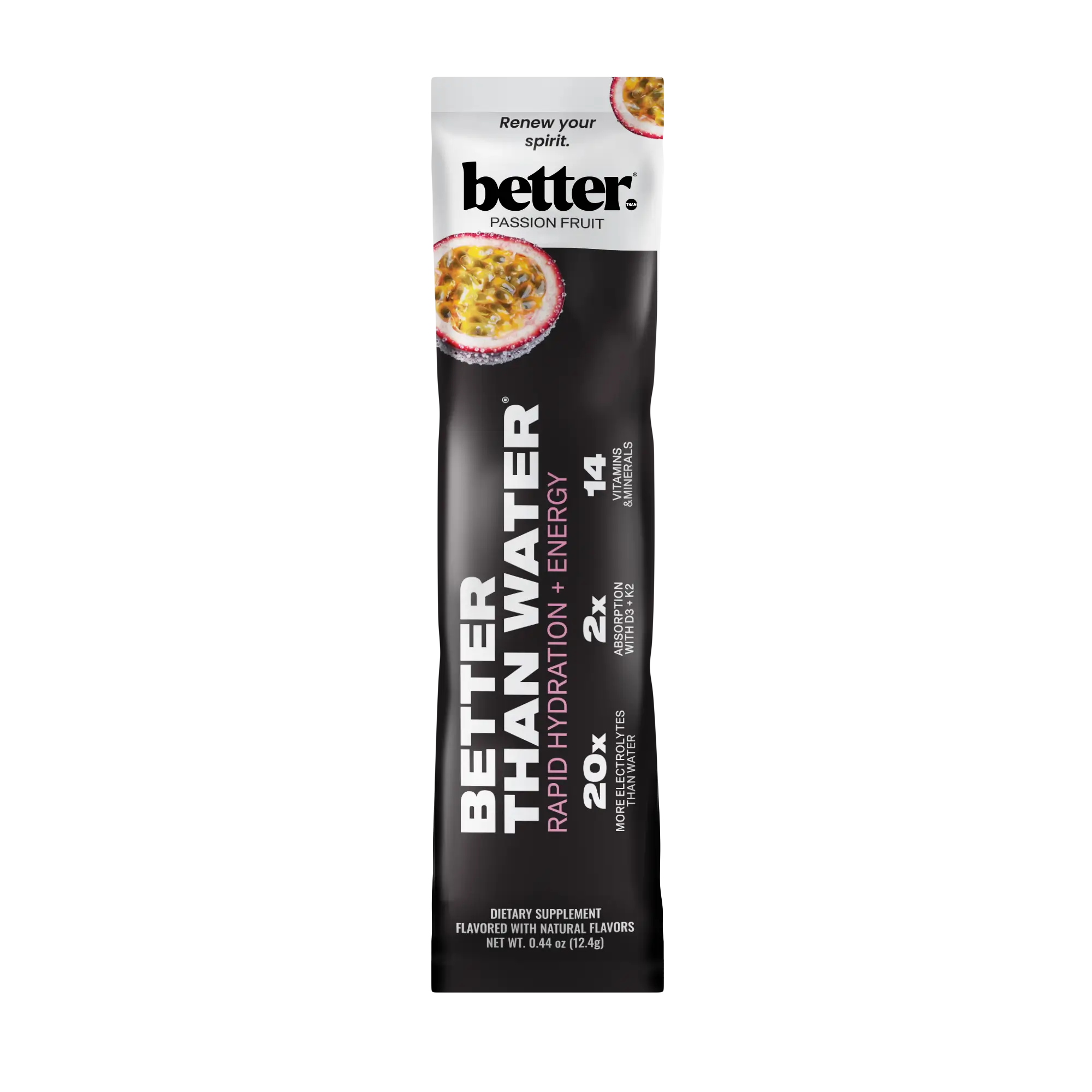Black package of 'Better Than Water' with passion fruit flavor