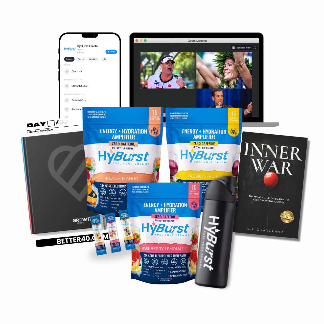 HyBurst energy and hydration products with a laptop, phone, and book on a white background