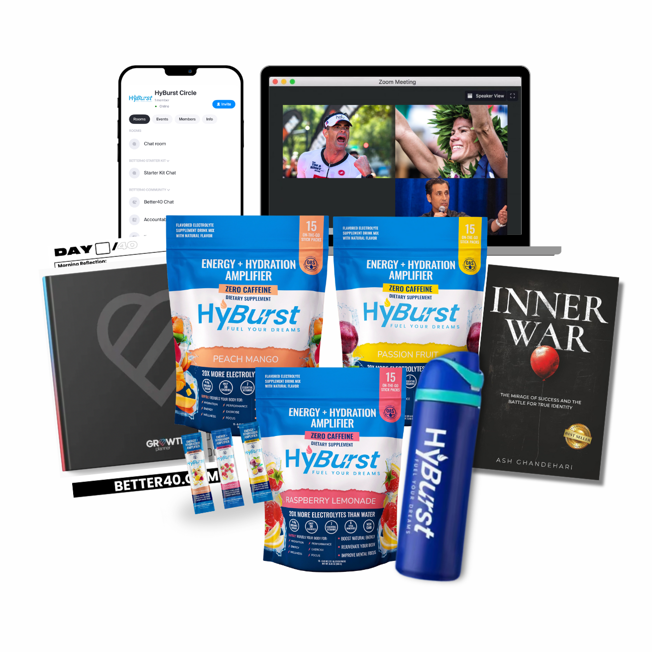 HyBurst energy and hydration products with a laptop, phone, and book on a white background