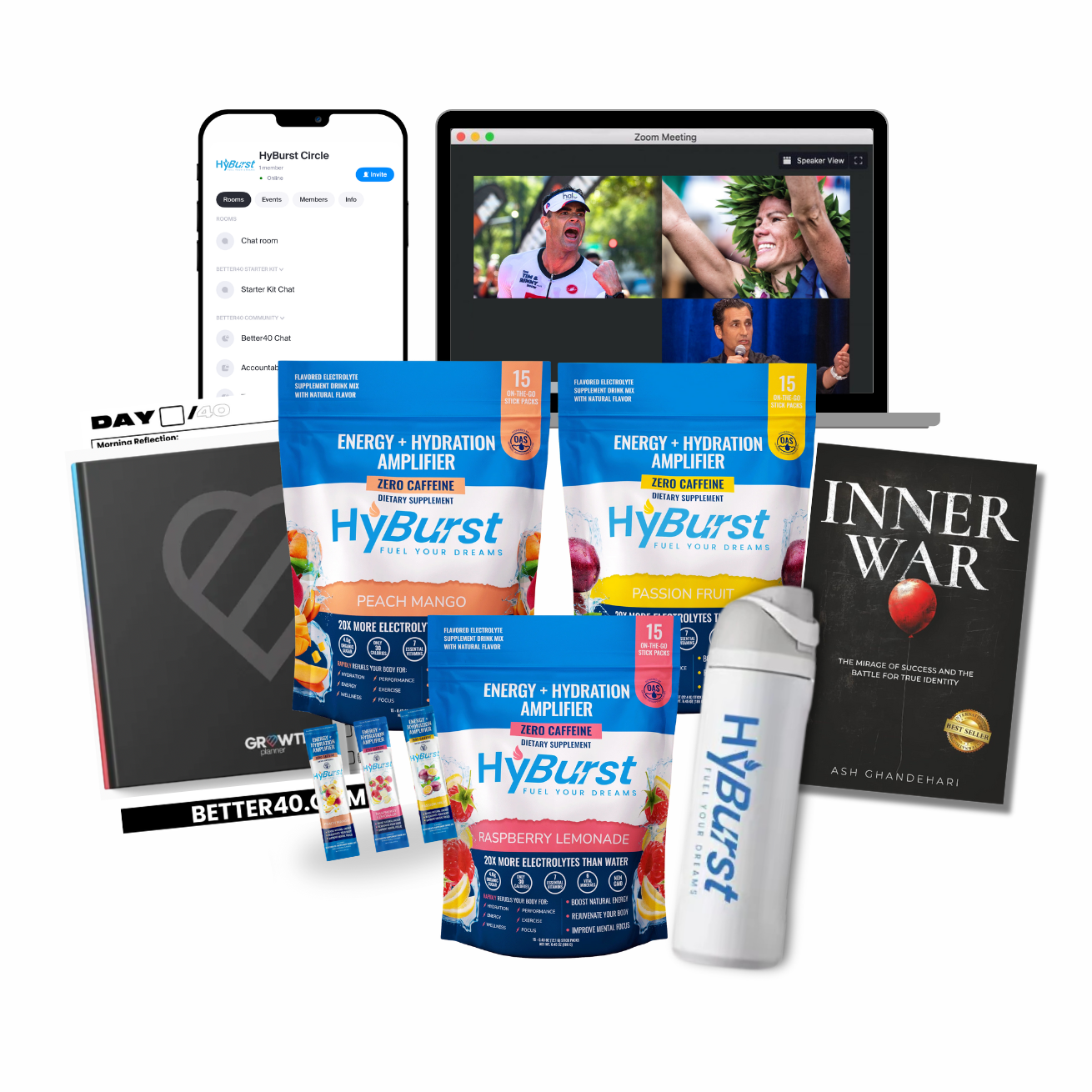 HyBurst energy and hydration products with a laptop, phone, and book on a white background