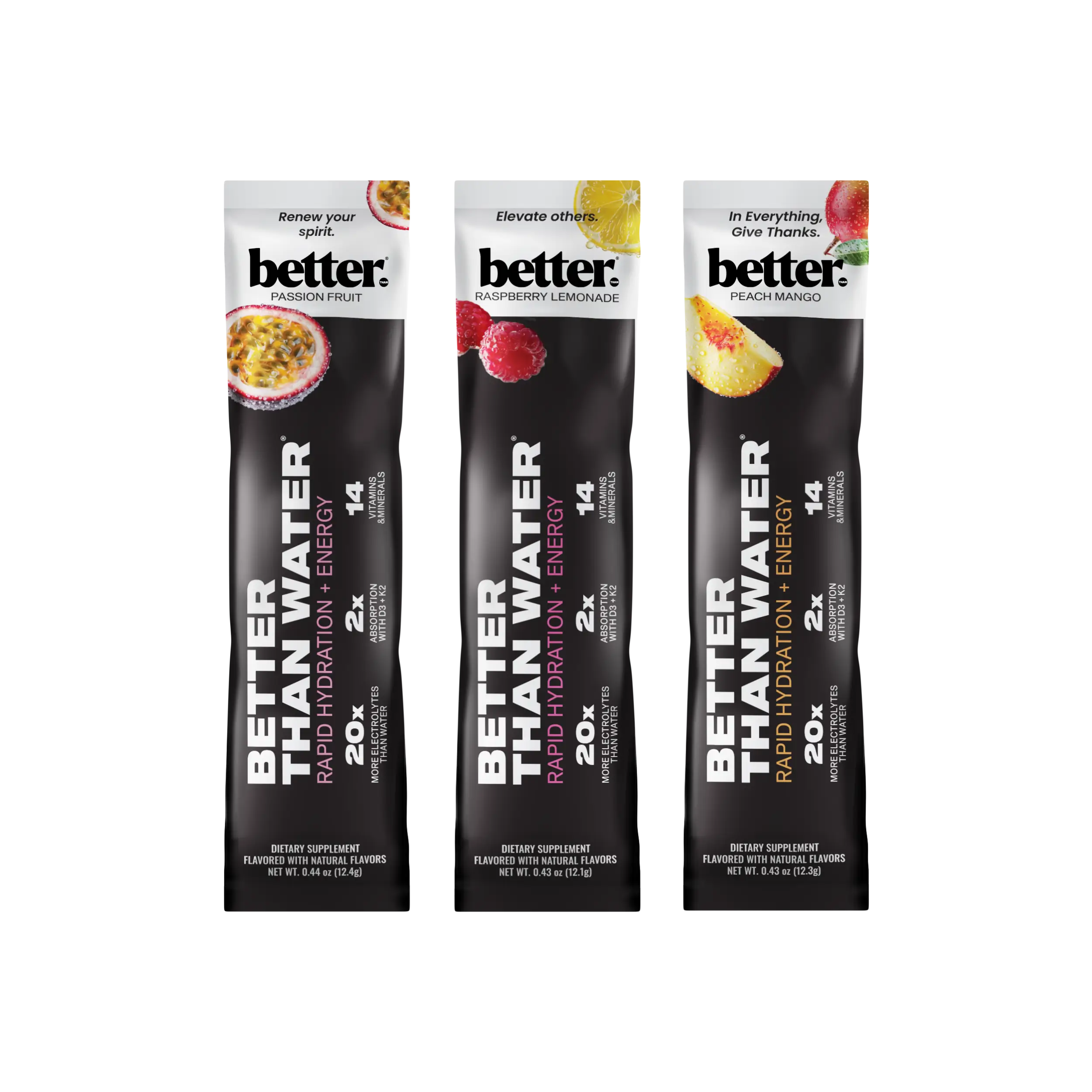 3 Better Than Water hydration stick packs in passion fruit, raspberry lemonade and peach mango
