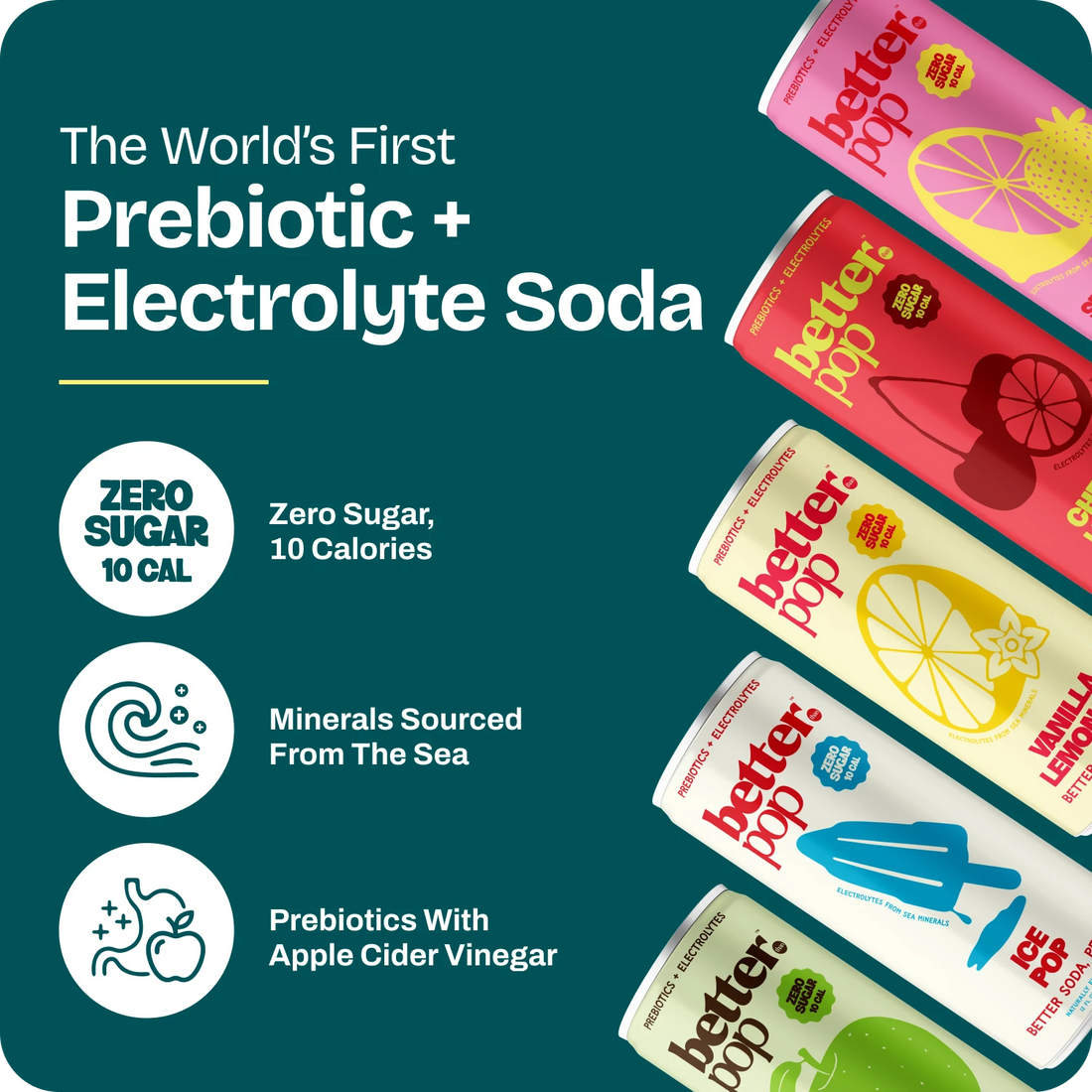 Better Pop: the world's first prebiotic + electrolyte soda. Zero sugar, 10 calories. Minerals sourced from the sea. Prebiotics with apple cider vinegar.
