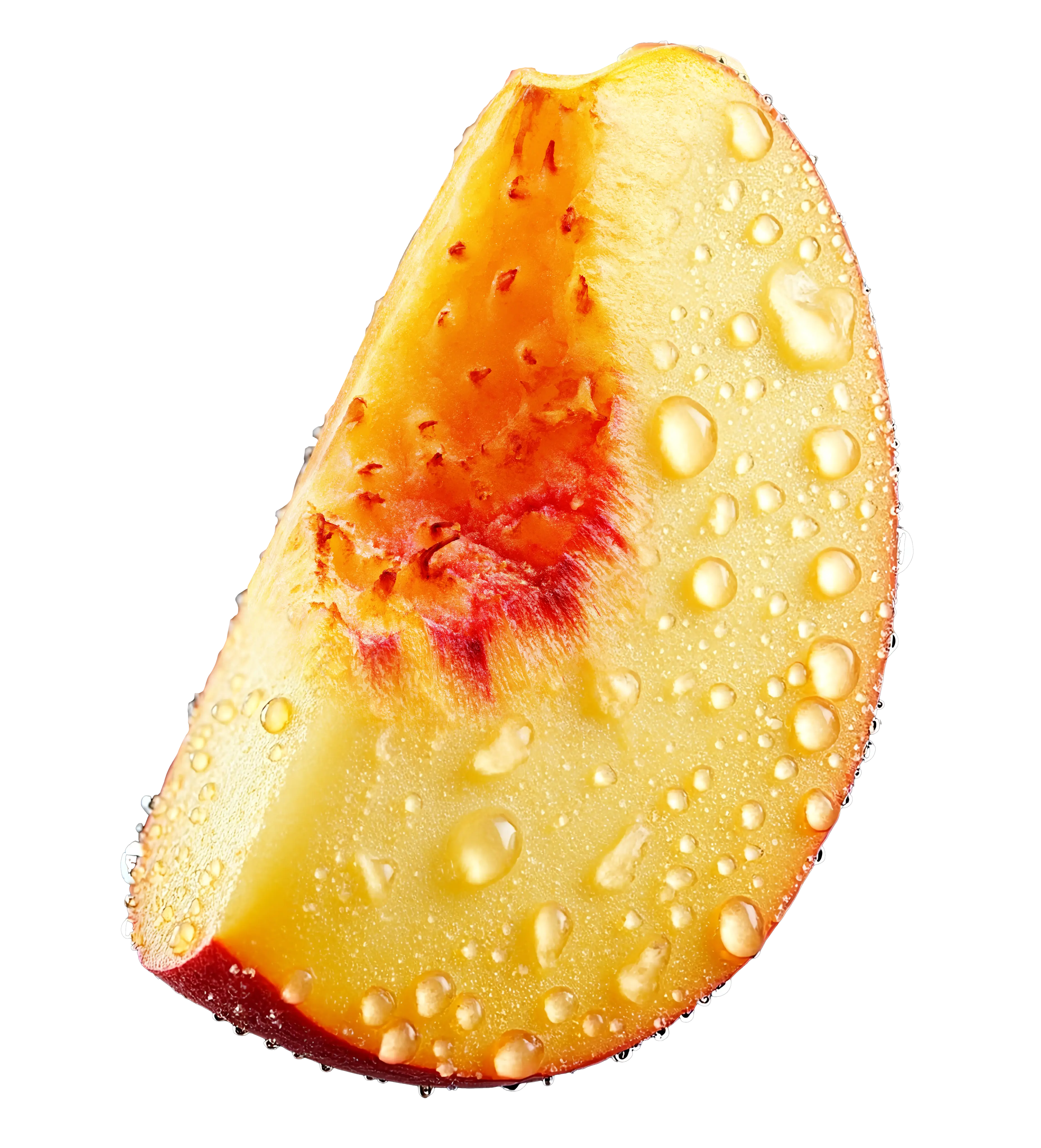 Sliced peach with water droplets on a white background